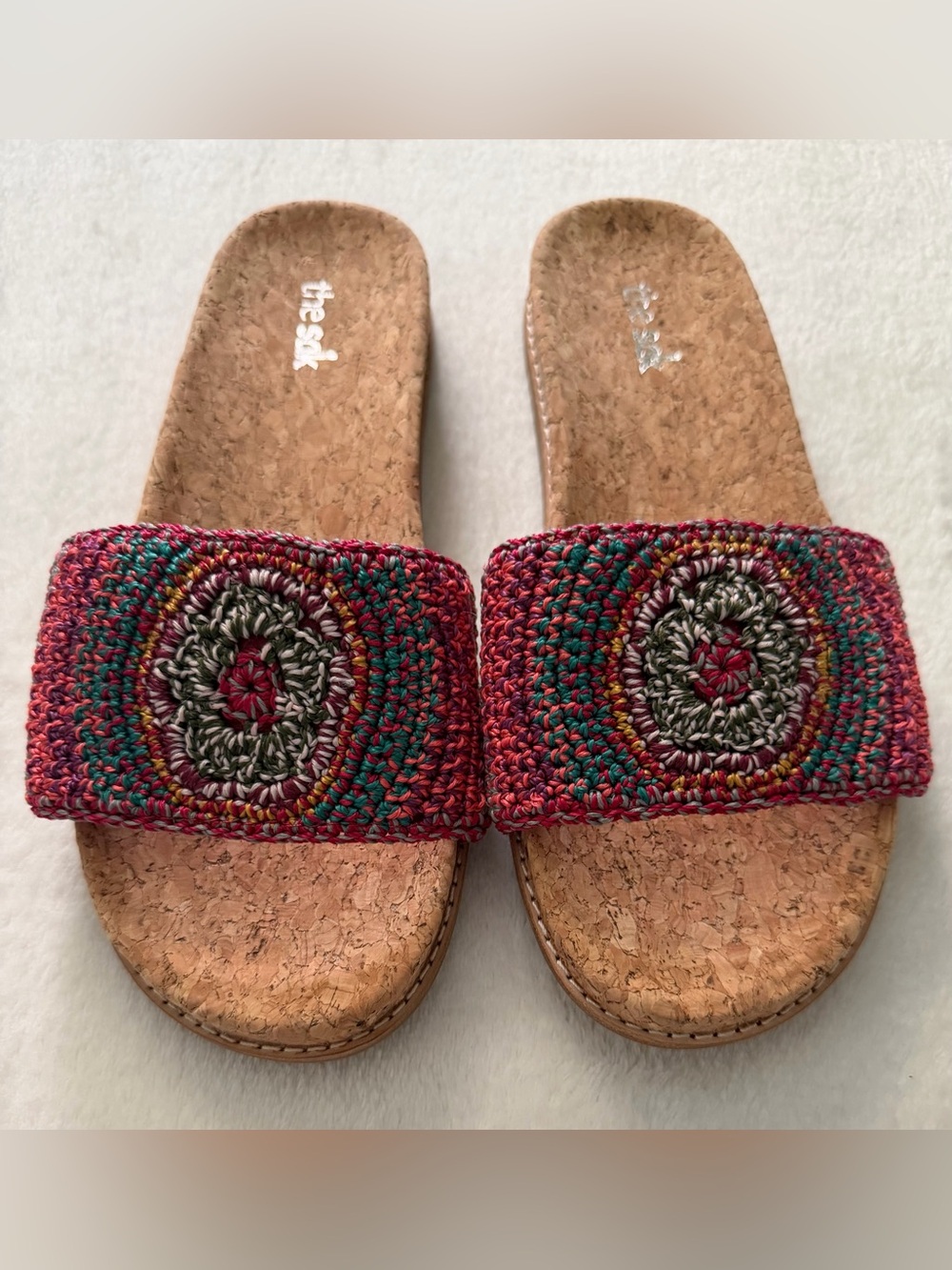 The Sak Multicolor Crochet Sunset Stripe Medallion Cork Slide Sandals, NWOT - Picture 2 of 11